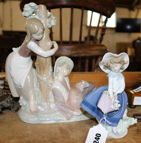 Lladro piece with 2 children and a dog & single figure of a girl